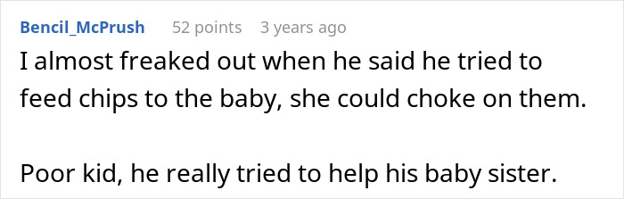 Screenshot of a comment describing a chaotic scene with a baby choking risk, highlighting mom&rsquo;s stressful 10-hour shift return.