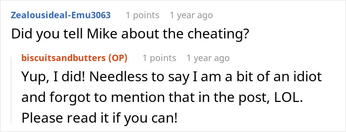 Screenshot of a Reddit conversation where a woman&rsquo;s innocent joke reveals her husband is a horrible, cheating jerk.