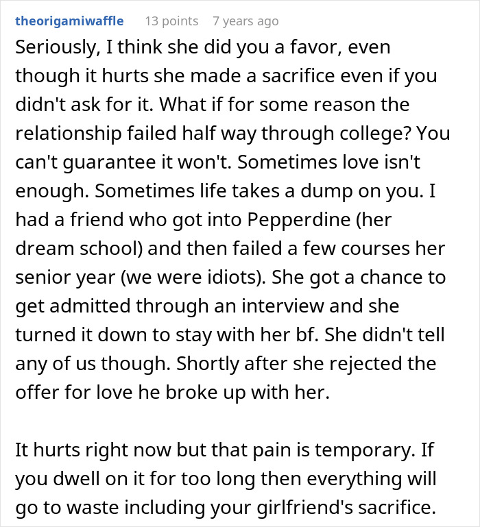 Comment discussing parents refusing to support their son's teenage love risking his future and emphasizing sacrifices and consequences.