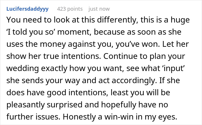 Screenshot of an online debate about a bride refusing her MIL&rsquo;s $25K wedding gift sparking discussion over intentions and trust.