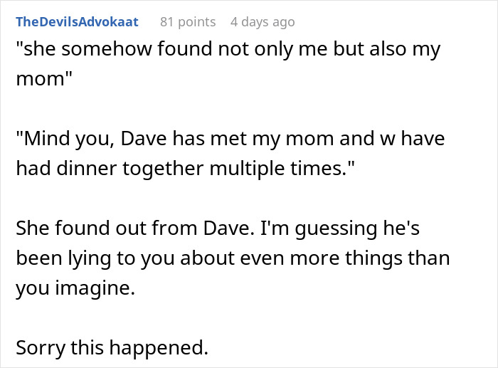 Comment revealing a woman discovers lies in her relationship after a text from her boyfriend's wife exposes the truth.