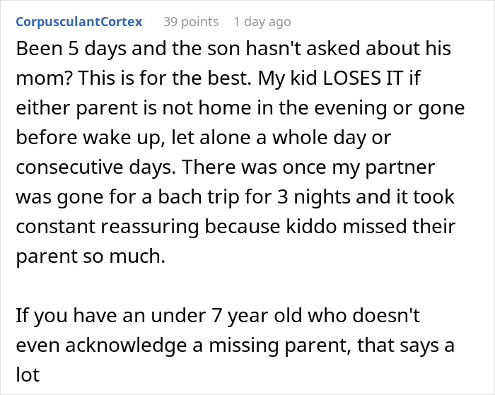 Comment discussing a child's reaction to a missing parent and the emotional impact on the family.