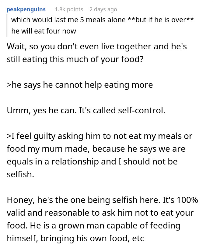 Reddit user discusses boyfriend paying 50% for meals but eating an unfair share of her groceries, causing tension.