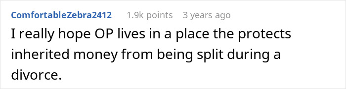 Screenshot of a social media comment discussing a hope for protection of inherited money during divorce. Screenshot of a social media comment discussing a hope for protection of inherited money during divorce.