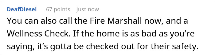 Comment about calling authorities for a wellness check due to mom and pregnant daughter's home turning into a landfill.