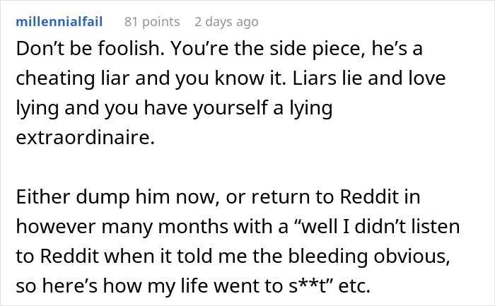 Comment on Reddit about a cheating liar revealing boyfriend&rsquo;s double life, warning to dump him immediately.