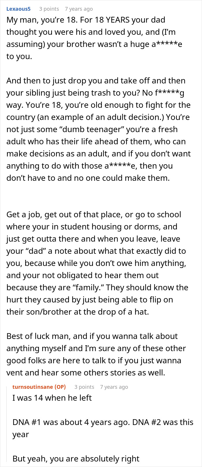 Comment thread discussing DNA lab errors in paternity results leading to a man disowning the wrong son and wanting to reconnect