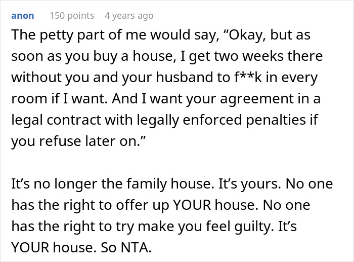 Comment on family house ownership and guilt about spending honeymoon at sibling’s house in a wedding conflict discussion. Comment on family house ownership and guilt about spending honeymoon at sibling’s house in a wedding conflict discussion.