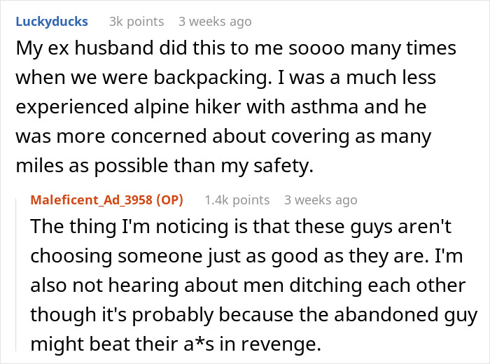 Discussion about men abandoning their partners during outdoor activities, focusing on safety and relationship dynamics.