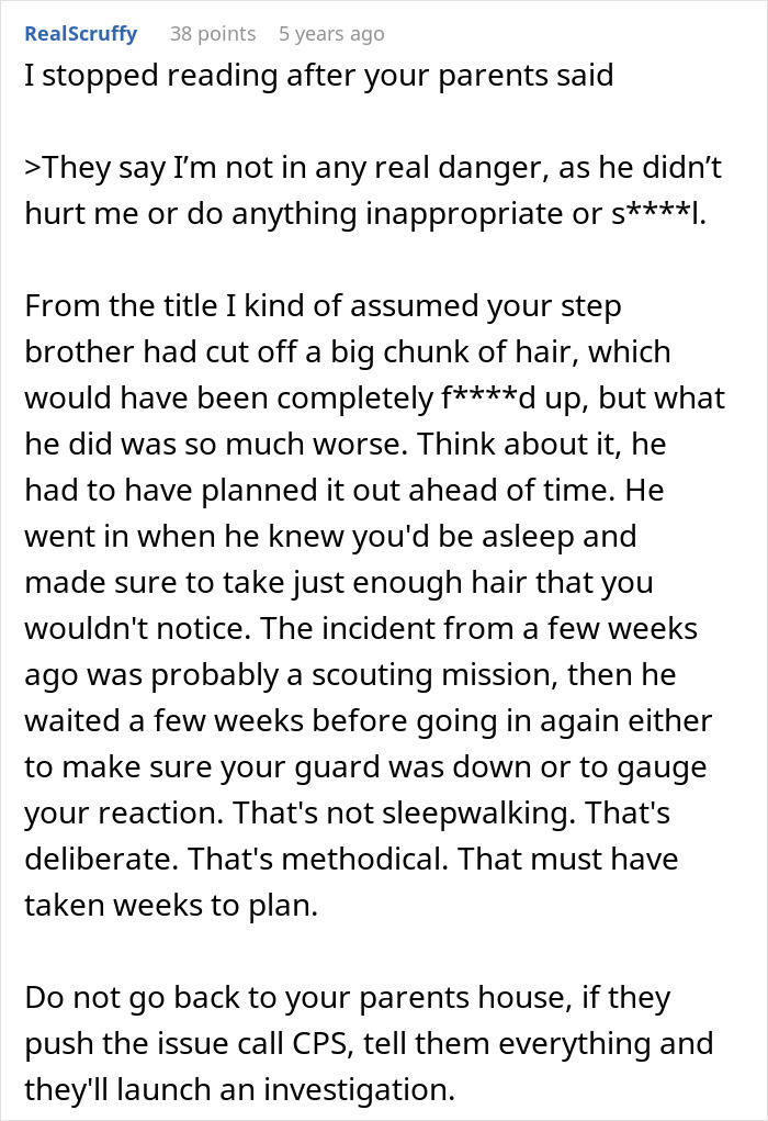 Screenshot of a comment discussing a creepy teen cutting step-sister&rsquo;s hair and parents dismissing the situation.