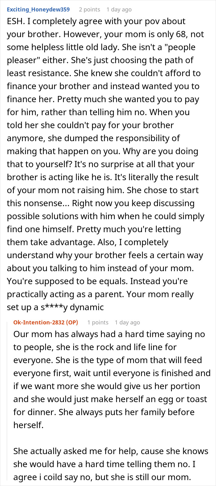 Reddit thread discussing family expecting grandma to support them financially so wife can be a stay-at-home mom.