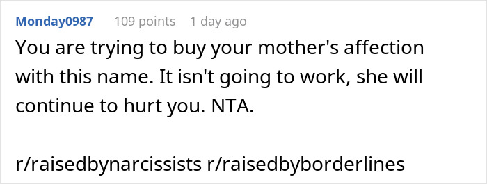 Screenshot of a Reddit comment discussing changing baby name secretly pregnant and family relationship challenges.