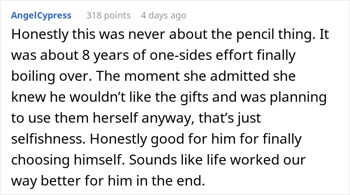 Comment about trashing girlfriend&rsquo;s gift highlighting years of one-sided effort and choosing himself in the end.