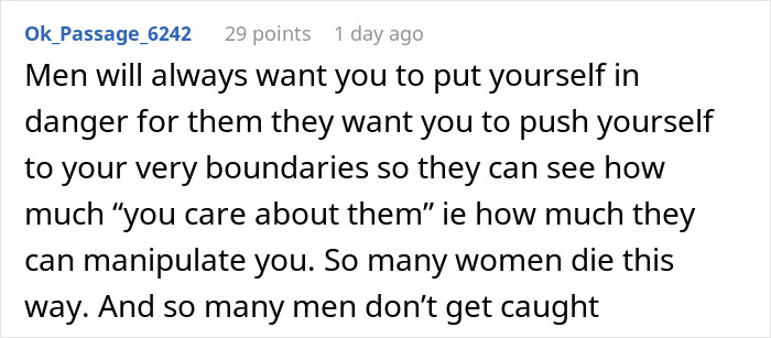 Reddit user sharing thoughts on men abandoning their partners during outdoor activities and manipulation in relationships.
