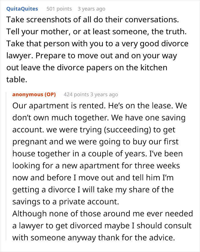 Reddit advice on handling divorce and uncovering husband&rsquo;s affair, focusing on preparing to move out and legal steps.