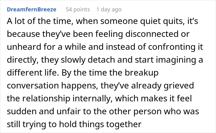 Comment explaining why a man tries to understand why his fianc&eacute;e left him in a relationship breakup discussion.