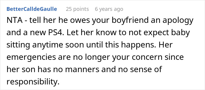 Comment on Reddit about an 11-year-old breaking a PS4 and the mom refusing to replace it because she denies responsibility.