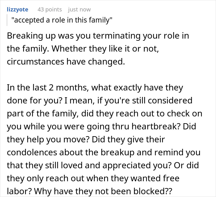 Screenshot of a Reddit comment discussing a woman harassed to watch her ex&rsquo;s nephew despite breakup and expected freedom.