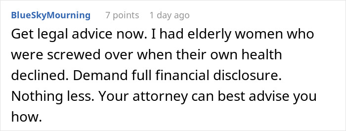 Comment warning about husband lying about inheritance and leaving wife who cares for him with nothing, seeking legal advice.