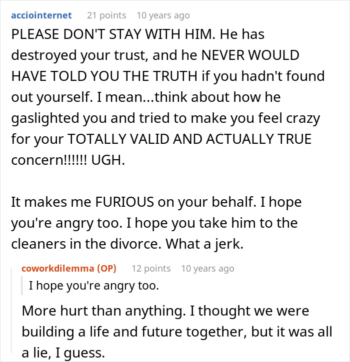 Text conversation showing a person urging anger over betrayal and a coworker sharing feelings of hurt and broken trust.