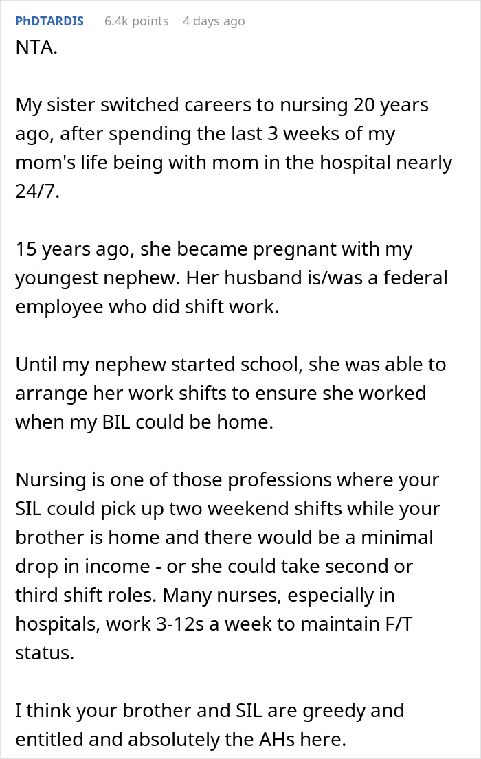 Comment discussing family dynamics and greed involving financial support and being a stay-at-home mom entitlement.
