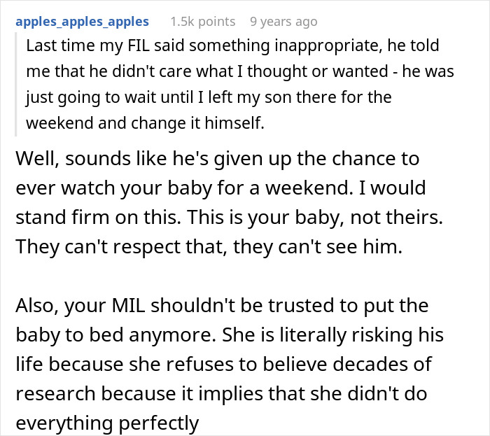 Reddit comment discussing new mom&rsquo;s anxiety and concerns about in-laws&rsquo; disrespect and risky baby care decisions.