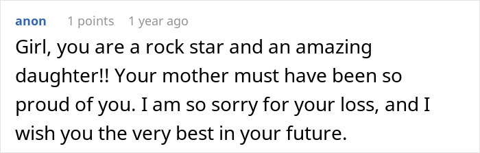 Screenshot of an online comment praising a daughter for standing up against husband refusing chemotherapy, showing support and condolences.