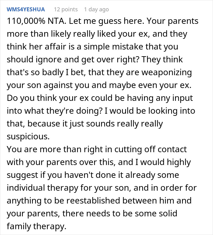 Comment discussing grandparents guilt trip kid over his mom, with dad deciding to cut them off for family well-being and therapy.