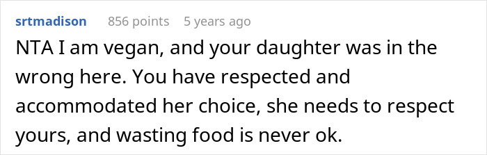 Comment criticizing a vegan teen for wasting food, discussing respect and accommodating dietary choices online.
