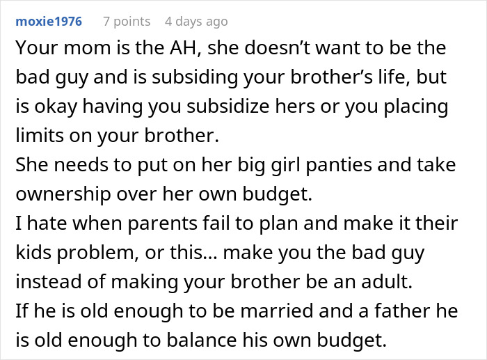 Comment discussing family greed and entitlement with grandma expected to support wife as a stay-at-home mom financially.