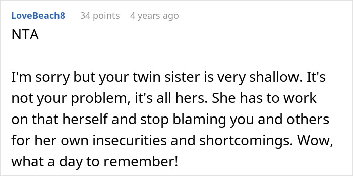 Comment discussing a bride furious that her sister worked out and looks good at the wedding, highlighting family insecurities. Comment discussing a bride furious that her sister worked out and looks good at the wedding, highlighting family insecurities.