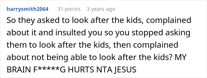 Comment discussing a dad stopping parents from babysitting after hearing their negative thoughts about it.