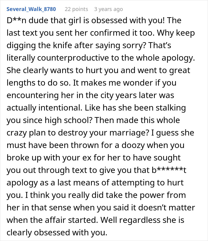 Screenshot of an online comment discussing a woman&rsquo;s life turning upside down after uncovering her husband&rsquo;s affair.