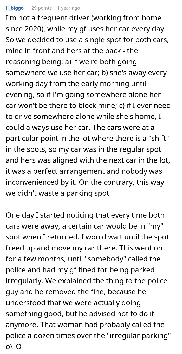 Text from online comment describing creative use of parking spots to address unfair neighbor parking issues.