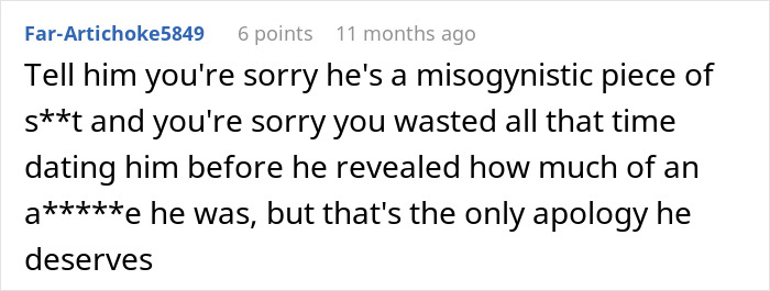 Screenshot of an online comment criticizing a man who dismisses his girlfriend&rsquo;s major career milestone and accuses her unfairly.