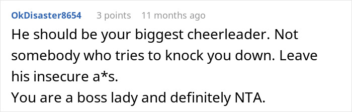 Screenshot of a Reddit comment supporting a woman whose major career milestone was dismissed by her partner.