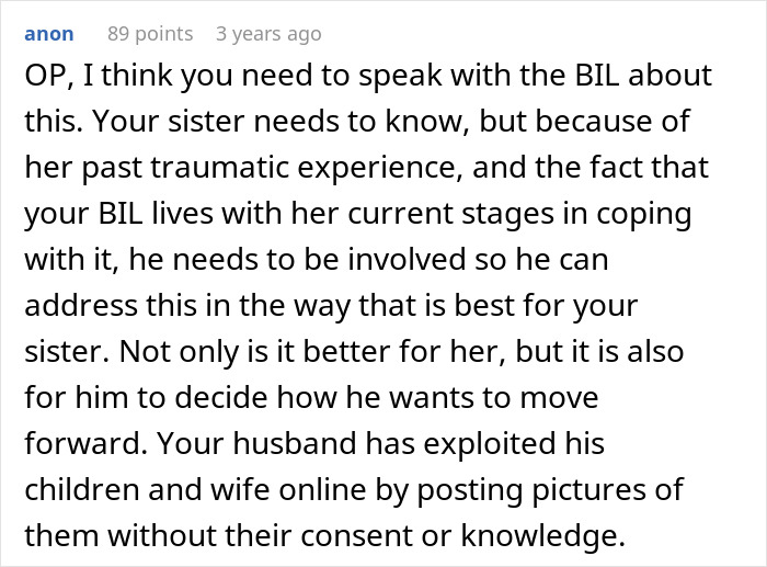 Text excerpt from an online discussion about a woman's husband obsessed with her sister's weight and related family issues.