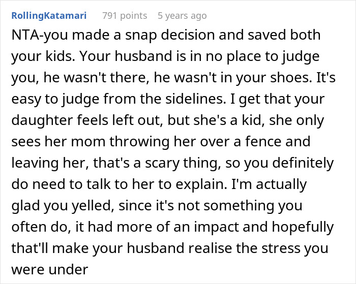 Wife quickly throwing twin girls over fence while chased by dog, emphasizing urgency and protection in a tense moment.