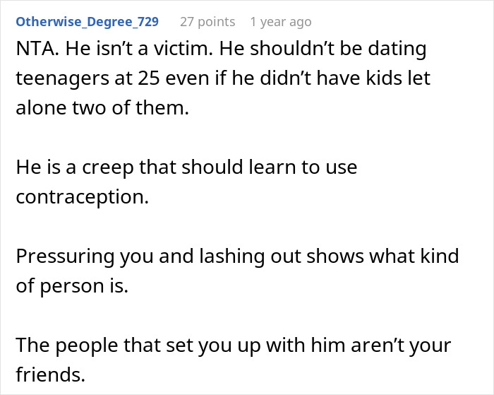 Text from online comment discussing a young woman single dad date, criticizing the man for inappropriate behavior.