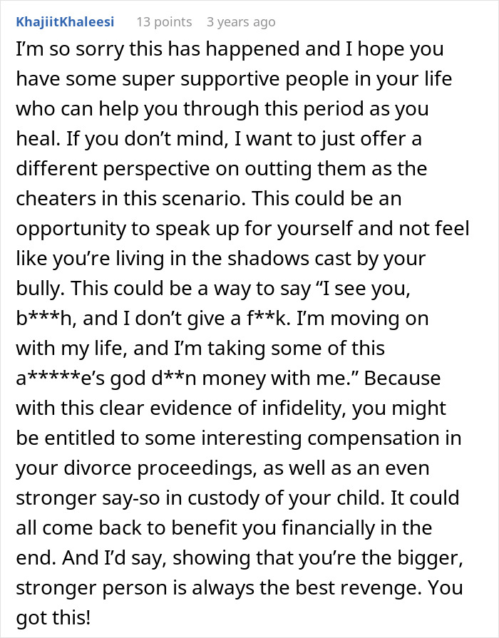Alt text: Supportive comment on woman's life turning upside down after uncovering husband&rsquo;s affair and dealing with infidelity challenges.