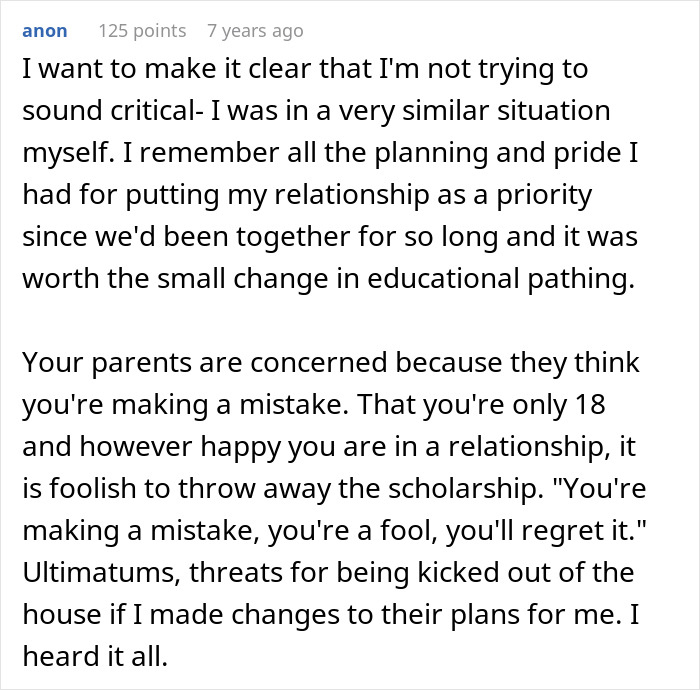 Comment discussing parents refusing to let their son risk his future over teenage love and education choices.