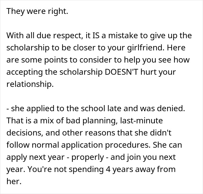 Text excerpt about parents refusing to let their son risk his future over teenage love and scholarship decisions.