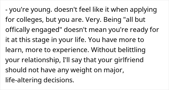 Text discussing parents refusing to let their son risk his future over teenage love and major life decisions.