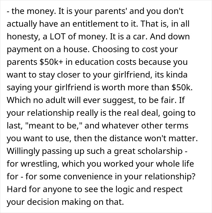 Text excerpt discussing parents refusing to let their son risk his future over teenage love and education costs.