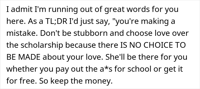 Screenshot of a message advising a son not to sacrifice his future or scholarship for teenage love and urging wise choices.