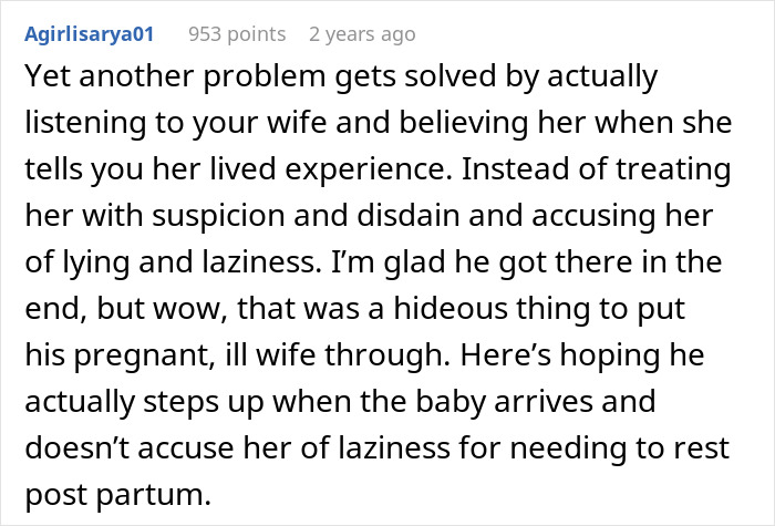 Comment discussing a delusional guy refusing to help his pregnant wife despite being the breadwinner, and the resulting conflict.