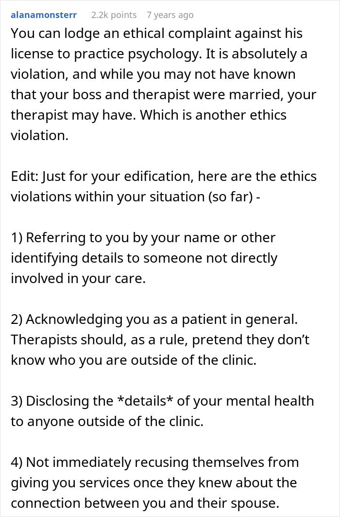 Text explaining ethics violations when a therapist is also married to the patient&rsquo;s boss, causing workplace confusion.