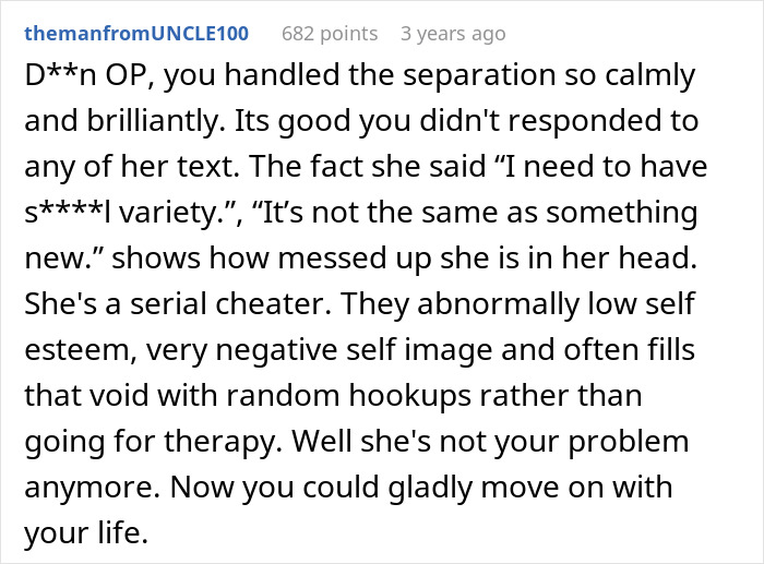 Text from a user discussing a woman admitting to cheating multiple times for variety and her husband telling her parents before leaving.
