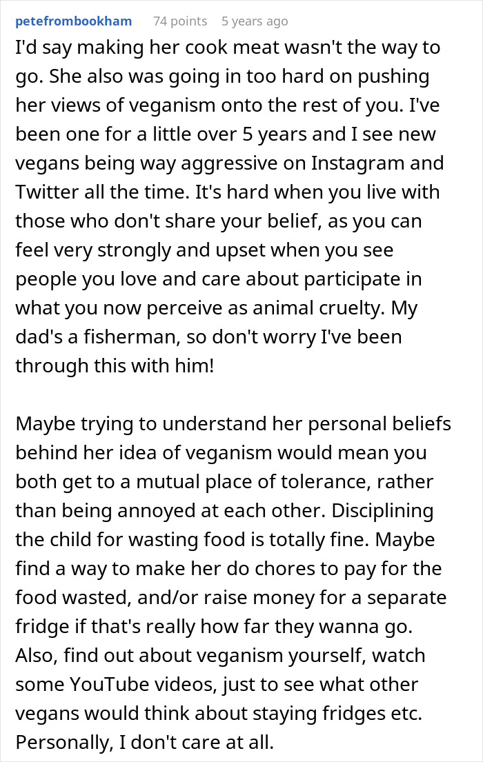 Comment discussing a mom making vegan teen cook meat to teach a lesson about wasting food and tolerance.