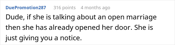 Comment discussing open marriage and divorce considerations after wife says husband doesn&rsquo;t excite her, highlighting relationship struggles.
